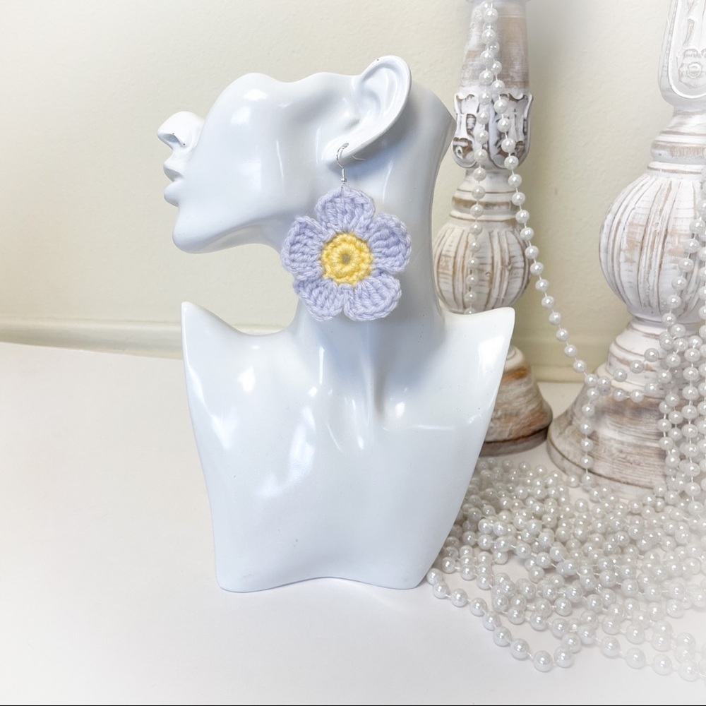 Handmade Boho Lilac Daisy Crochet Drop Earrings